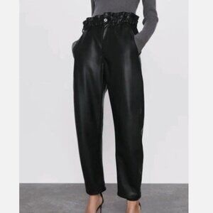 ZARA Paperbag Waist Faux Leather Crop Pants Tapered Leg Size US 4 CHIC CLASSY
